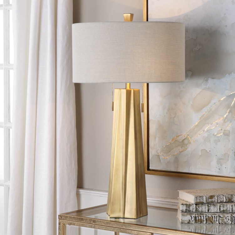 Uttermost Lagrima Metal Crystal and Fabric Lamp in Brushed Brass/Beige