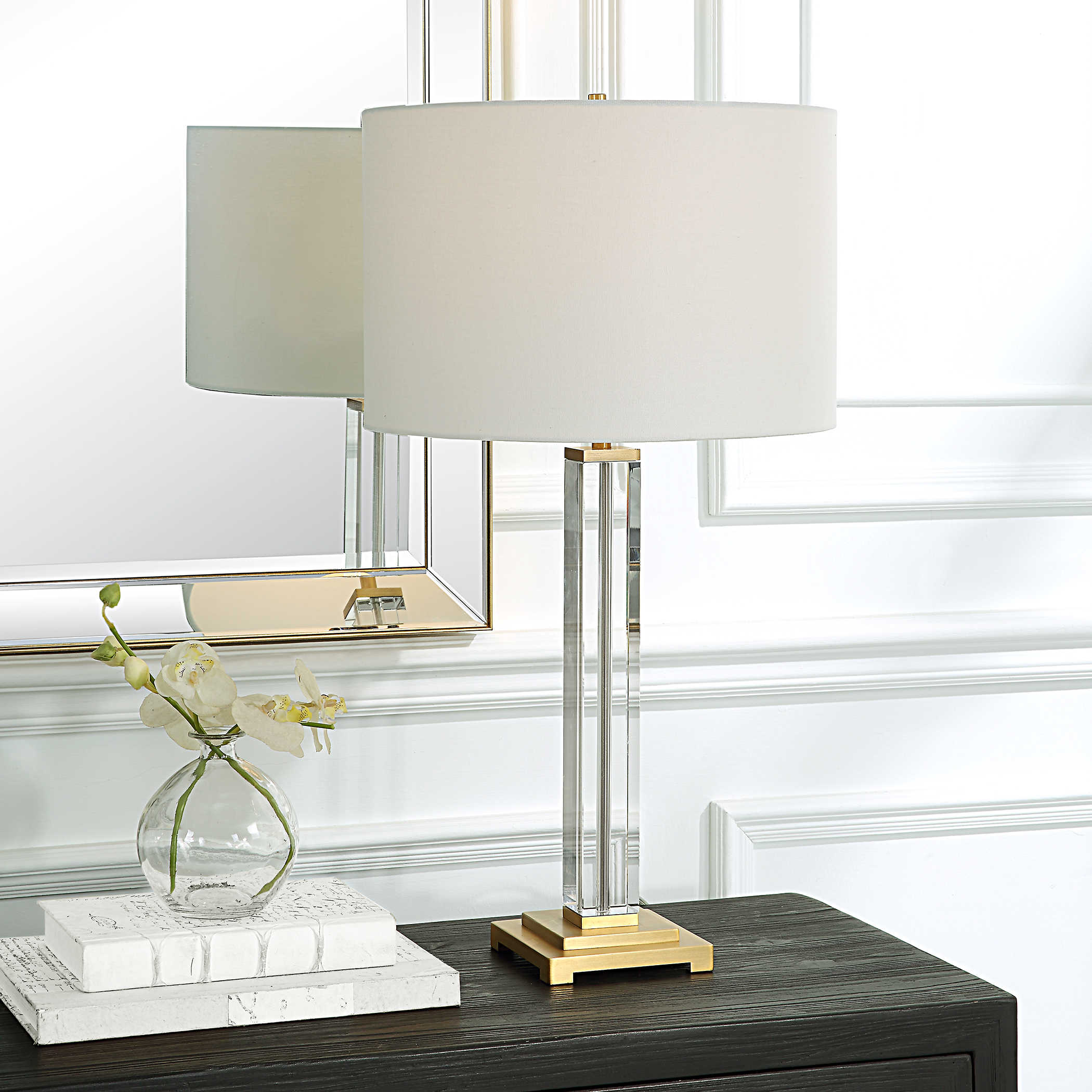 Uttermost Lagrima Metal Crystal and Fabric Lamp in Brushed Brass